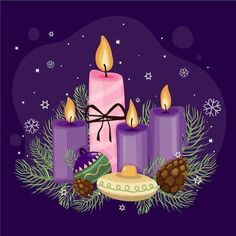 three lit candles surrounded by evergreen leaves and pine cones on a purple background with snowflakes