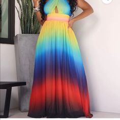 Beautiful Rainbow Maxi Brand New With Tags. Blue V-neck Dress For Summer Parties, Summer Evening Multicolor Maxi Dress, Multicolor Maxi Dress For Summer Parties, Blue Maxi Dress For Spring And Summer Parties, Blue Maxi Dress For Spring Summer Parties, Blue Summer Dresses For Parties, Chic Multicolor Maxi Dress For Summer Parties, Vibrant Blue Party Maxi Dress, Vibrant Blue Maxi Dress For Party