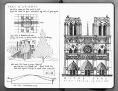 an open book with drawings on it showing the architecture of a church and its design