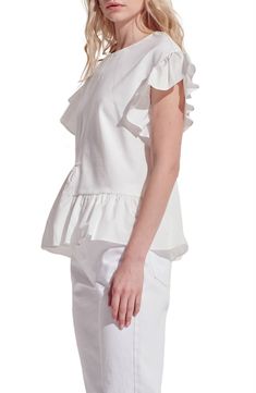 Fluttery sleeves and a voluminous peplum lend stylish dimension to a mixed-media top designed with a unique asymmetric front seam. Jewel neck Cap sleeves 65% polyester, 30% cotton, 5% spandex with 100% cotton contrast Hand wash, dry flat Imported Feminine Peplum Blouse For Work, Elegant White Top With Ruffle Hem, Elegant White Tops With Ruffle Hem, Spring Flutter Sleeve Blouse, Elegant Peplum Tops For Brunch, Spring Peplum Blouse With Ruffles, Spring Chic Blouse With Butterfly Sleeves, Chic Spring Blouse With Butterfly Sleeves, Chic Butterfly Sleeve Blouse For Spring