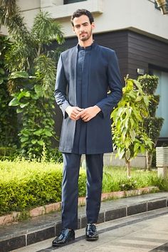 Navy blue double paneled jacket style bandhgala with pintucked details on front. Comes with coordinating pant. - Aza Fashions Panel Jacket, Band Collar, Aza Fashion, Jacket Style, Navy Blue, Band, Navy, Collar, Pants