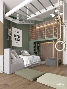 a bedroom with green walls and wood flooring is pictured in this image, there is a swing bed on the far wall