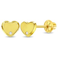 Simple and adorable pair of heart earrings that sure to become your most favorite jewelry set when dressing your little one. Beautifully crafted entirely in genuine 14k yellow gold with a diamond accent. This pair of heart earrings is suitable for your little ones with sensitive ears. The screw backs assure they won't fall off and will fit comfortably on your child's earlobe. Order a pair of these lovely heart earrings for girls today and we'll include a lovely little gift box. Age Group: Elegan Teen Necklaces, Teen Earrings, Real Diamond Earrings, Baby Necklace, Teen Jewelry, Baby Rings, Baby Earrings, Kids Rings, Baby Jewelry