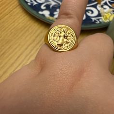 18k Gold Filled Saint Benedict Signet Ring - Etsy Gold Polished Symbolic Signet Ring, Yellow Gold Spiritual Signet Ring, Yellow Gold Open Signet Ring In Spiritual Style, Spiritual Yellow Gold Tarnish-resistant Signet Ring, Spiritual Yellow Gold Signet Ring, Gold Symbolic Engraved Open Ring, Gold Symbolic Open Engraved Ring, Symbolic Gold Open Engraved Ring, Gold Symbolic Rings