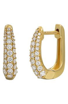 Light up your lobes with these tapered huggie hoops set asparkle by 60 diamonds and handcrafted from 18-karat gold. 1/2" hoop diameter Hinge with snap-post closure Total diamond weight: 0.51ct. Color: G Clarity: VS 18k gold/diamond Imported >Diamond Guide Luxury Huggie Hoop Earrings With Pave Setting, Formal Diamond Huggie Earrings With Pave Setting, Luxury Diamond Huggie Earrings With Pave Setting, Luxury Huggie Diamond Earrings With Diamond Cut, Luxury Huggie Earrings, Formal Pave-set Huggie Hoop Earrings, Yellow Gold Huggie Diamond Earrings With Pave Setting, Formal Pave Setting Huggie Hoop Earrings, Formal Yellow Gold Huggie Earrings With Pave Setting