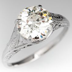 1930's Diamond Solitaire Engagement Ring 18K White Gold 1.64ct N/VS2 GIA 1910s Engagement Ring, 1930s Ring, Antique Diamond Engagement Rings, Filigree Engagement Ring, Old Mine Cut Diamond, Antique Diamond Rings, Antique Engagement, Antique Engagement Rings, Amethyst Jewelry