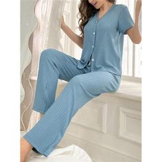 -Item Id 27476855 -Color: Dusty Blue -Style: Casual-Woman -Pattern Type: Plain -Type: Pant Sets -Neckline: V Neck -Details: Button Front -Sleeve Length: Short Sleeve -Sleeve Type: Regular Sleeve -Fit Type: Loose -Waist Line: Natural -Number Of Pieces: 2 Piece Set -Pants & Tops Material: Knitted Fabric -Pants & Tops Composition: 99% Polyester, 1% Elastane -Fabric: Non-Stretch -Care Instructions: Machine Wash, Do Not Dry Clean -Sheer: No **Open To Offers!!!** **Bundle To Save More** **30% Off Bund Comfortable Blue Cotton Set, Comfortable Blue Sleepwear For Spring, Blue Sets For Relaxation In Spring, Casual Light Blue Pajama Party Sets, Blue V-neck Sleepwear Set, Blue V-neck Sleep Set, Casual Blue Sleep Sets, Comfortable Blue Lounging Set, Casual Blue Sets For Pajama Party