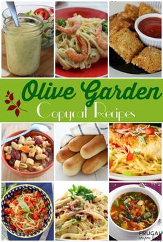 a collage of pictures with different types of food and words that say olive garden