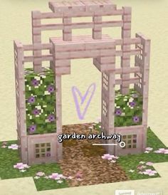 the garden arch is made out of wood and has purple flowers growing on it's sides