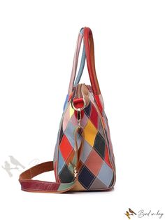 Bird in Bag - Genuine Leather Rhombic Grid and Colorblock Fashion Tote Bag with Top Handle Multicolor Handheld Bag, Trendy Multicolor Shoulder Bag With Detachable Handle, Multicolor Handheld Leather Shoulder Bag, Trendy Multicolor Bags With Detachable Handle, Multicolor Handheld Shoulder Bag, Trendy Multicolor Satchel With Detachable Handle, Multicolor Handheld Satchel For Everyday Use, Everyday Use Leather Color Block Shoulder Bag, Multicolor Shoulder Bag With Detachable Handle For Daily Use