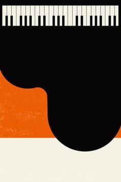 an orange and black poster with a piano