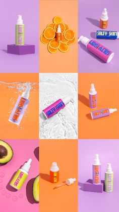 the different products used to make lip butters are arranged in four squares on an orange and pink background