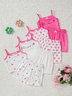 8pcs Baby Girls' Comfortable And Fun Floral Camisole Top And Shorts Set For Spring/Summer, Suitable For Home And Outdoors Multicolor   Sleeveless Knitted Fabric Animal,Geometric,Letter,Plants  Slight Stretch  Baby Girls Clothing, size features are:Bust: ,Length: ,Sleeve Length: Cute Camisole Sleepwear For Summer, Cute Summer Camisole Sleepwear, Pink Camisole Sets For Summer, Cute Pink Sleeveless Sets, Cute White Sleeveless Sets, Cute Sleeveless Pink Sets, Pink Spaghetti Strap Summer Set, Cute Pink Sleeveless Clothing Sets, Playful Sleeveless Summer Sleepwear