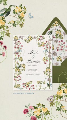 an image of wedding stationery with flowers and birds