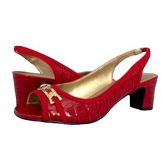 Karen Scott Jerricca Slingback Sandals Women's Dress Shoes Red Croc -New With Box -Brand: Karen Scott -Material: Synthetic -Color: Red Croc -Size: 5.5m -Heel Height: 2 Inch -Block Heel -Peep Toe -Slip On Closure -Gleaming Hardware And Exotic Texture -Made In China Red Slingback Sandals For Spring Party, Red Slingback Sandals For Evening, Spring Red Slingback Sandals For Party, Spring Party Red Slingback Sandals, Red Heel Strap Slingback Sandals For Spring, Red Slingback Sandals With Heel Strap For Spring, Red Slingback Sandals For Spring Formal, Chic Red Low Heel Slingback Sandals, Red Synthetic Slingback Sandals With Heel Strap