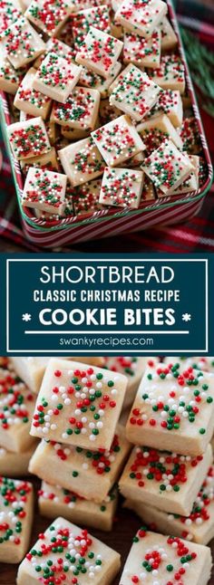 shortbread cookies with christmas sprinkles on top and the words shortbread classic christmas recipe cookie bites