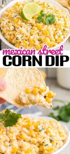 mexican street corn dip in a white bowl with tortilla chips