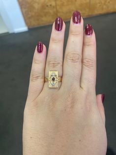 Vintage Riby Ring, 0.15CT Ruby ring, 18k Yellow Gold, Vintage Ring, Edwardian ring, Unisex ring, Bar ring, Vintage Jewelry, Estate Ruby Ring   ~~ S e t t i n g ~~ Solid 18k Yellow Gold 6.00 grams Ring Size 8,8.25,8.5,8.75,9;8.5 US   ~~ Stones ~~ Main Stone: Round Shape Natural Ruby In Weight Of 0.15 Ct (Approx.)  Color  - Red Side Stones: Round Shape Natural Diamond In Weight Of 0.10 Ct (Approx.) Clarity - E Color  - Si1 So who is Nola? Nola is our creation and imagination. All the idea of Nola Vintage Ruby Ring, Gold Vintage Ring, Ruby Ring Vintage, Natural Ruby Ring, Edwardian Ring, Estate Ring, Estate Rings, Bar Ring, Red Band