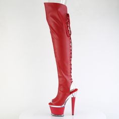 7" High Heel, 3" Textured Platform Lace Up Back Thigh High Boots. Open Toe And Back. Full-Length Inner Side Zipper Closure. Red Faux Leather. Styles: Party Formal Dance Clubbing Ceps-3030 Red Knee-high Platform Boots For Party, Red Platform Boots For Party, Red High Heel Platform Boots For Party, Red Fitted High Heel Platform Boots, Red Knee-high Boots For Evening, Fitted Red High Heel Platform Boots, Red High Heel Boots For Club, Red Fitted Knee-high Platform Boots, Red Platform Heeled Boots For Party