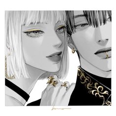 two anime characters with piercings on their ears, one is holding the other's ear