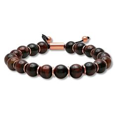 Tiger's eye beads alternate with rose-gold-tone stainless steel plates in this distinctive bracelet for him. The bracelet adjusts from 8.5 to 10.5 inches with the sliding bolo clasp. Cool Mens Bracelets, Men Stone Bracelet, Bracelet For Him, Stone Bead Jewelry, Cross Jewelry Necklace, Fan Jewelry, Mens Bracelets, Steel Plates, Jewelry Advice