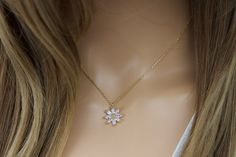 "Flower necklace CZ diamond-daisy flower pendant- gold silver-floral jewelry-Gift for mom-birthday gift-bridesmaid gift-wedding jewelry length: 15\" + 2\" extension as shown in the pictures pendant size: 14mm x 14mm material:silver plated, gold plated with CZ  lobster clasp available... gold, silver comes with a gift box View more jewelry HERE: https://www.etsy.com/shop/DearMia?ref=shopsection_shophome_leftnav" Picture Pendant, Floral Jewelry, Floral Jewellery, Pendant Gold, Cz Diamond, Mom Birthday, Mom Birthday Gift, Flower Pendant, Gift Wedding