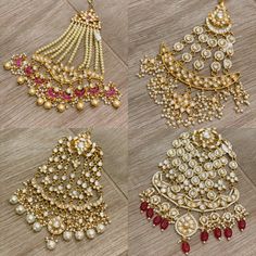 four different types of necklaces on a wooden floor with beads and pearls hanging from them