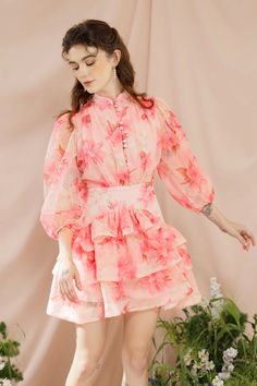 Flirty Flowy Floral Print Dress, Feminine Flowy Mini Dress For Garden Party, Pink Chiffon Knee-length Mini Dress, Feminine Flowy Floral Dress For Party, Chiffon Mini Dress For Wedding, Spring Wedding Chiffon Dress With Floral Print, Flowy Chiffon Mini Dress With Floral Print, Pink Ruffled Mini Length Chiffon Dress, Elegant Chiffon Mini Dress With Floral Print