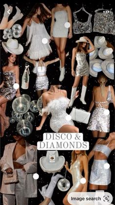 many different pictures of women in dresses and hats with text that reads disco & diamonds