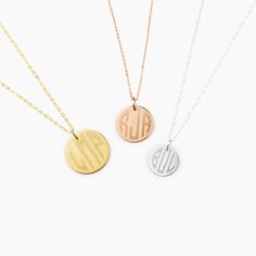 This amazing one-of-a-kind necklace is one of the most special and personal pieces of jewelry you can own or give as a gift. The pendant is monogrammed with your choice of three initials. EVERYTHING is customizable! METAL OPTIONS ✦ 14K YELLOW filled ✦ 14K ROSE filled ✦ Bright Sterling Silver PENDANT SIZE ✦ 13 mm ✦ 16 mm ✦ 19 mm (model is wearing 19mm) ✦ MONOGRAM Please specify three letters in the order you would like them to see on the necklace (usually with the family name in the center). For Elegant Monogram, Necklace Name, Gold Vermeil Jewelry, Birthday Gift For Women, Necklace Initial, Monogram Necklace, Vermeil Jewelry, Disc Necklace, Bridesmaid Necklace