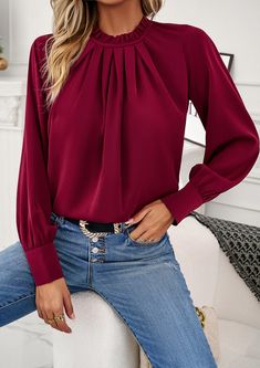 Elegant Lace Collar Long Sleeve Top - Black,M Red Long Sleeve Plain Top, Red Plain Long Sleeve Tops, Fall Plain Crew Neck Blouse, Fall Crew Neck Plain Blouse, Fall Season Plain Crew Neck Blouse, Chic Long Sleeve Plain Blouse, Classic Long Sleeve Winter Blouse, Classic Long Sleeve Solid Color Blouse, Elegant Solid Color Blouse With Crew Neck