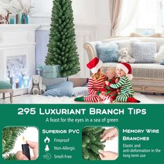 a christmas tree with two children sitting on it and the words 25 luxurious branch tips