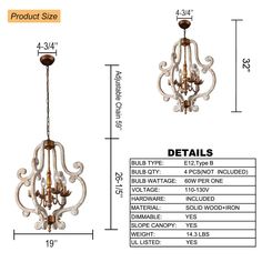 an image of a chandelier with measurements for the size and price list on it