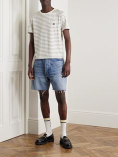 CELINE HOMME's T-shirt is cut from pure cotton-jersey patterned all over with fine scratch-like stripes. The 'Triomphe' logo is a calling card of the Parisian house. Striped Tshirt Outfits, Parisian House, Striped Tshirt, Calling Card, Striped Jersey, Tshirt Outfits, T Shirt For Men, Mr Porter, Logo Embroidered