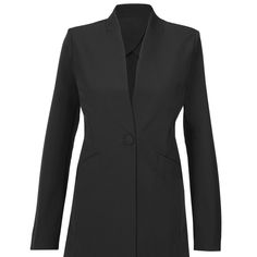 This Is A Beautiful Slim-Fitting Jacket, Has A Tunic-Length With A Single Button Closure At The Front, Welt Pockets And A Double Vent At The Back. Fabric Is 87% Nylon And 13% Spandex. Item Is Brand New In Original Package From Warehouse #4119 Sleek Spring Outerwear With Hidden Button Closure, Black Outerwear With Concealed Placket For Office, Sleek Solid Color Outerwear For Office, Tailored Black Notched Outerwear, Black Tailored Notched Outerwear, Sleek Outerwear With Button Closure And Suit Collar, Sleek Outerwear With Suit Collar And Button Closure, Sleek Spring Outerwear With Button Closure, Sleek Long Sleeve Outerwear For Office