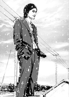 a black and white drawing of a man standing in the snow