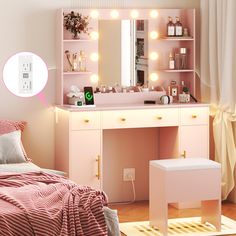 a pink vanity with lights on it and a white stool in front of the mirror