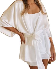 Elegant Flowy Sleepwear For Loungewear, Elegant Solid Color Summer Sleepwear, Elegant Robe For Wedding Night, Elegant Satin Summer Robe, Elegant Summer Satin Robe, Chic White Wedding Robe, Chic Satin Robe For Wedding Night, Elegant White Wedding Sleepwear, Elegant White Bride's Robe