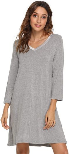 PRICES MAY VARY. PREMIUM-QUALITY SLEEPWEAR: 95% Viscose from bamboo & 5% Spandex. This women's comfy sleep shirt is silky soft, skin-friendly and lightweight, make it easy to sleep in, rest and lounge around CUTE, PREMIUM & DURABLE: Satin V-Neck is not only beautiful, but also more durable, not easy deformed. Long sleeve keeps you warm. A-line silhouette hits at knee with attractive drape COMFY ALL DAY LONG: Viscose derived from bamboo has a good performance in absorbing sweat, keep your body aw Oversized Jersey Dress, Grey Jersey Dress, Long Sleeve Nightgown, Comfy Sleepwear, Long Sleeve Jersey Dress, Grey Long Sleeve Dress, Pajama Dress, Women's Nightgowns, Nightgowns For Women