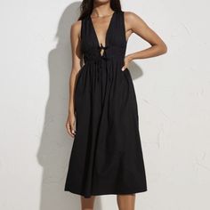 Lightweight, Non-Stretch Poplin, Deep V Neck, Ruched Waistband With Self-Ties. Hook-And-Eye And Hidden Zip At Side. 100% Cotton. Never Worn! Black Summer Dress With Tie Fastening, Black Midi Dress With Tie Waist For Brunch, Black Spring Dress With Tie Fastening, Black Dresses With Tie Fastening For Spring, Elegant Black Dress With Tie Fastening, Black Tie Fastening Dress For Spring, Black Tie-strap Sundress Midi Dress, Black Midi Dress With Tie Straps, Black Midi Dress With Tie Waist For Summer