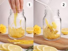 two pictures showing how to make lemonade in a mason jar with flowers and cut lemons