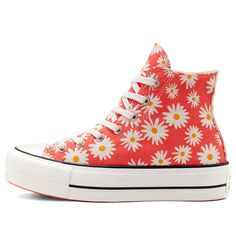 Converse Womens WMNS Chuck Taylor All Star Platform High 'Camp Daisies' Red/White/Yellow Canvas Shoes/Sneakers Cute Converse Shoes, Floral Converse, All Star Platform, Charm Ideas, Cute Converse, Converse Womens, Uk Wildcats, Floral Shoes, Spring Fits