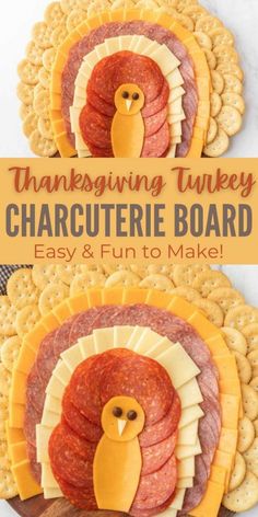 thanksgiving turkey charcuterie board made out of crackers and cheeses with the words,