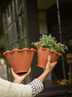 two people holding up pots with plants in them