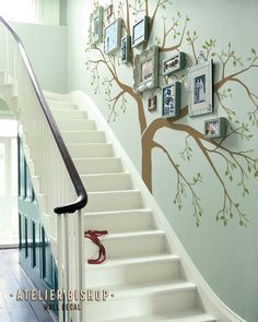 the stairs are decorated with family photos and tree decals on the wall above them