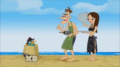 two cartoon characters are standing on the beach and one is holding a frying pan