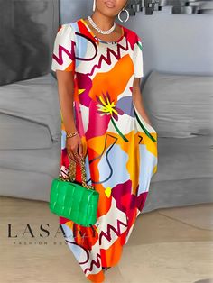 Lasaky - Artistic Leisure Short Sleeve Maxi Dress with Abstract Design Trendy Multicolor Maxi Dress, Multicolor Graphic Print Dress For Spring, Casual Colorful Pattern Maxi Dress For Party, Casual Maxi Dress With Vibrant Print For Parties, Multicolor Graphic Print Dress For Vacation, Multicolor Graphic Print Vacation Dress, Vacation Dresses With Multicolor Graphic Print, Red Abstract Print Maxi Dress For Summer, Summer Red Maxi Dress With Abstract Print