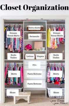 an organized closet with lots of clothes and other items on the shelves, labeled in white letters