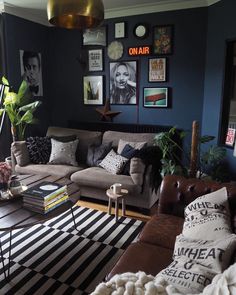 a living room filled with lots of furniture and pictures on the wall above it's coffee table