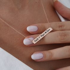 "Faith Necklace Hope Necklace Love Necklace for Women, Faith Hope Love, 14k Gold Bible Verse Bar Necklace, Scripture Necklace, Easter Gift This necklace will be certainly GREAT GIFT for Christmas, Easter, Anniversary, Valentines Day, Mother`s day, Birthday, Engagement, Bridesmaid or Girlfriends. INFO ABOUT PRODUCT *Material: High Quality 925 Sterling Silver/14K Solid Gold. *Finish: Sterling Silver, 14K Gold-Plated, 14K Rose Gold-Plated and 14K Solid Gold, 14K White Gold, 14K Rose Gold. *Pendant: Gold Bible Verse, Verse Necklace, Mama Bear Necklace, Prayer Jewelry, Bible Verse Jewelry, Bible Verse Necklace, Jesus Gifts, Scripture Gift, Faith Necklace